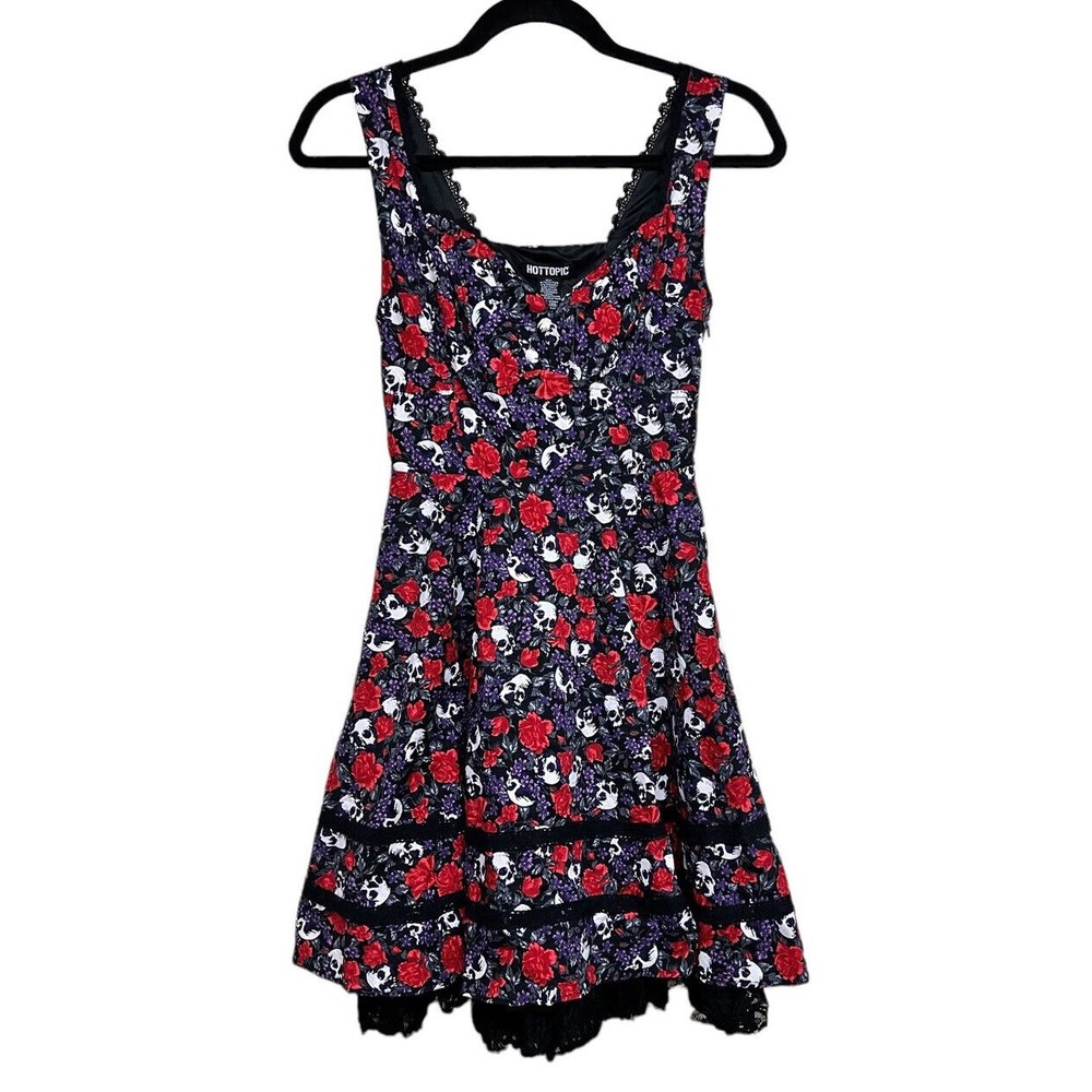 Hot Topic Purple & Red Skull Rose Dress‎ Black Lace Rockabilly Women’s XS